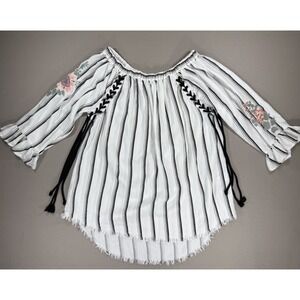 Standard Grace Top Womens M White Black Floral Embroidered Lace Up Ties Lyocell